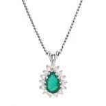 18ct white gold pear cut emerald and round brilliant cut diamond pendant necklace