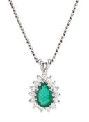 18ct white gold pear cut emerald and round brilliant cut diamond pendant necklace
