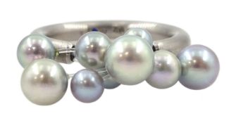 18ct brushed white gold grey pearl set ring