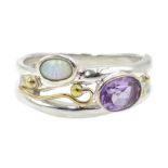 Silver and 14ct gold wire oval amethyst and opal openwork ring