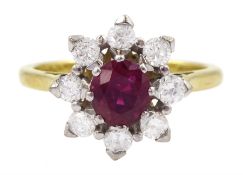 18ct gold oval cut ruby and round brilliant cut diamond cluster ring