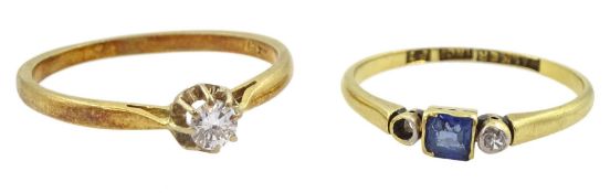 18ct gold single stone diamond ring and a two stone sapphire and diamond ring