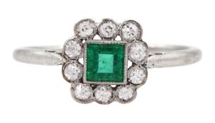 Art Deco platinum milgrain set square cut emerald and old cut diamond cluster ring