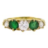 18ct gold five stone old cut diamond and round cut emerald ring