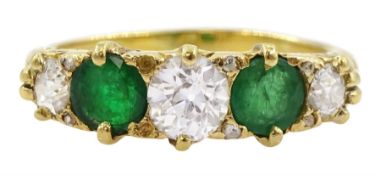 18ct gold five stone old cut diamond and round cut emerald ring