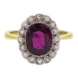 Early 20th century oval cut unheated Thai ruby and old cut diamond cluster ring