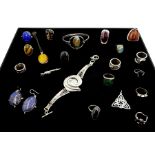 Silver stone set jewellery including bloodstone ring
