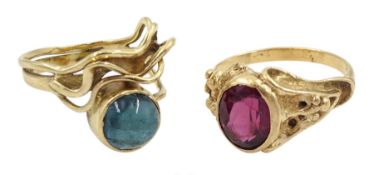 15ct gold single pink stone set ring and a 9ct gold blue stone set ring