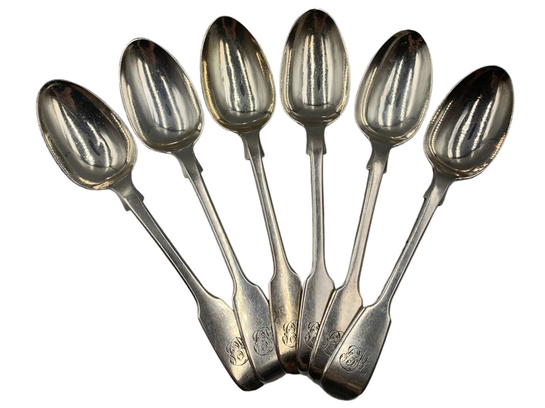 Set of six Victorian silver fiddle patten teaspoons engraved with initials by Henry Holland