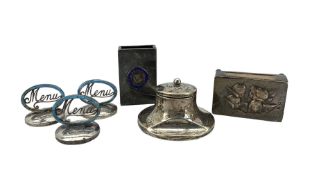 Set of three Edwardian silver and enamel menu holders