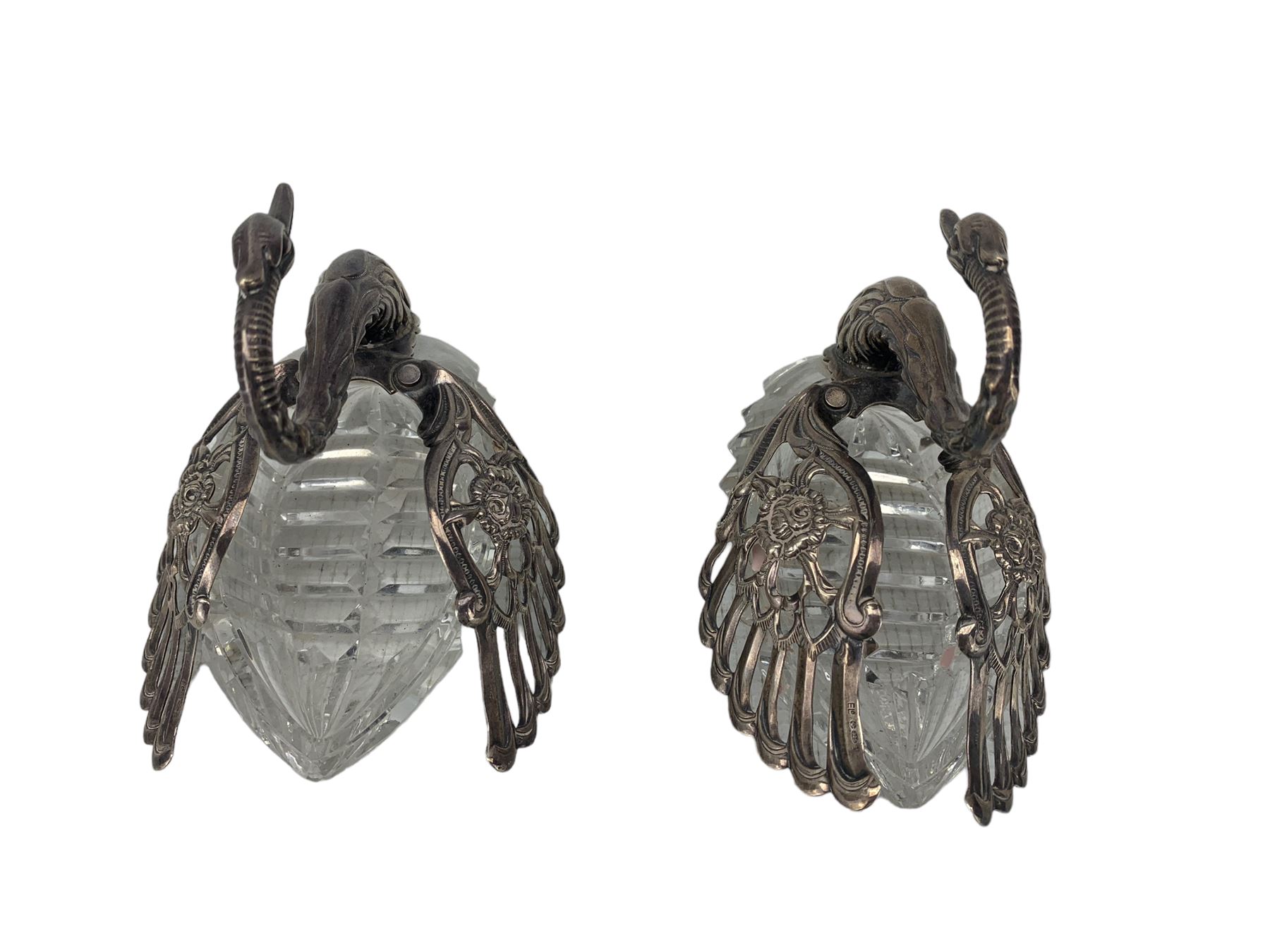 Pair of glass swan salts or sweetmeat dishes with silver necks and hinged wings L10cm - Image 2 of 3