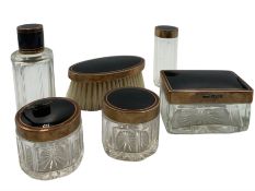 Art Deco five-piece silver-gilt and black enamel dressing table set by G H James & Co
