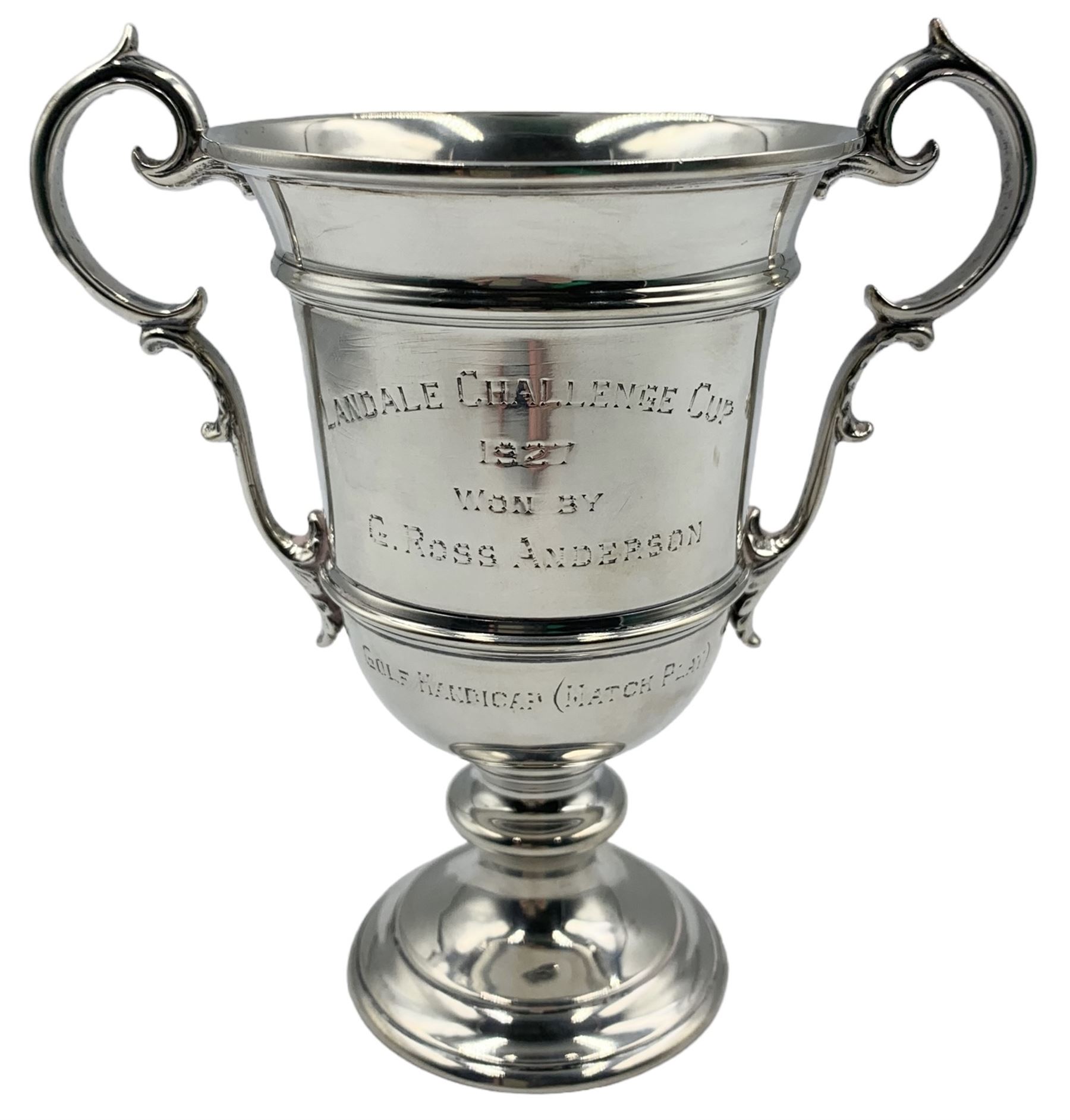 George V silver twin handled trophy with inscription 'Landale Challenge Cup