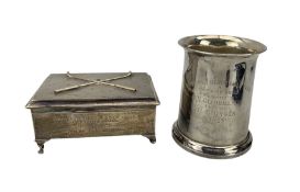 Silver mug with loop handle inscribed 'Crosland Heath Golf Club' H12cm Chester 1922 Maker Colen Hewe