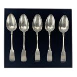 Five William IV Irish silver fiddle pattern table spoons engraved with a crest of a deer Dublin 1834