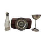 Victorian travelling communion set comprising silver paten and chalice inscribed 'IHS' Birmingham 18