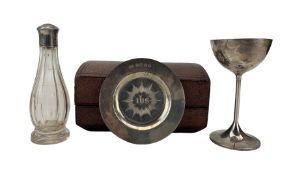 Victorian travelling communion set comprising silver paten and chalice inscribed 'IHS' Birmingham 18