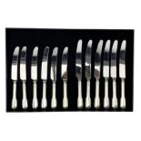 Set of six silver handled fiddle pattern table knives and six dessert knives