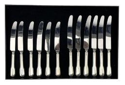Set of six silver handled fiddle pattern table knives and six dessert knives