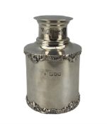 Edwardian silver tea caddy of cylindrical form with a raised border pattern H10cm London 1906 Maker
