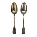 Pair of William IV silver fiddle pattern table spoons engraved with initials London 1835 Maker G R C
