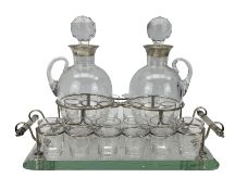 Late Victorian glass and silver mounted liqueur set comprising a rectangular glass tray with silver