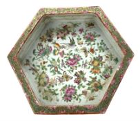 19th century Canton hexagonal stand or shallow dish decorated with birds and flowers within a gilt a