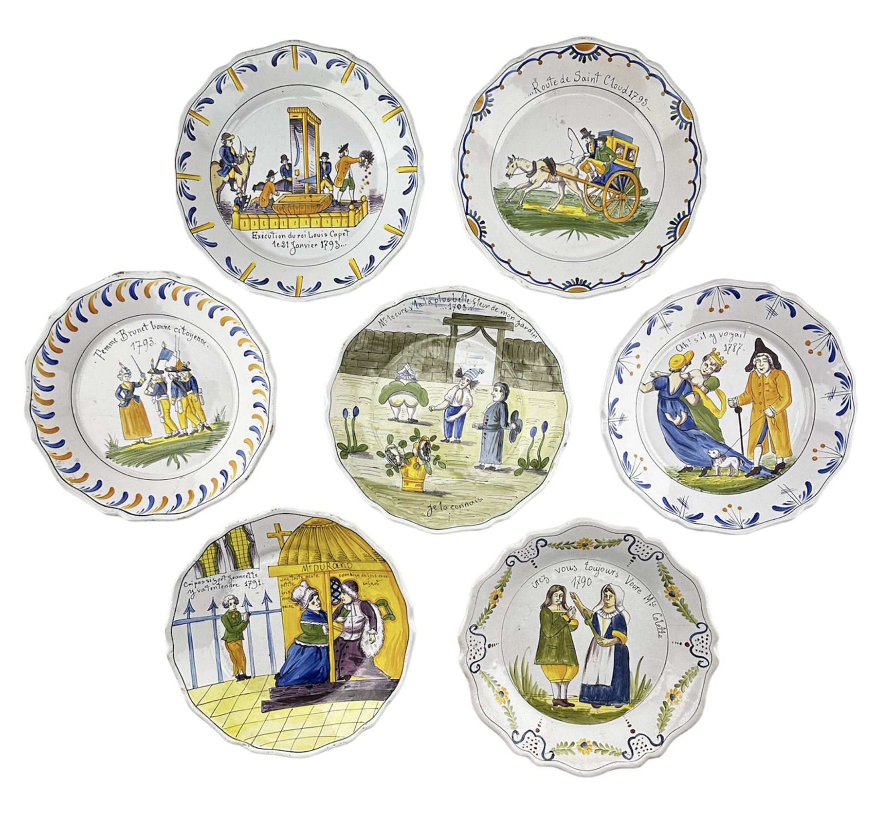 Seven 18th century style French Faience revolution commemorative plates