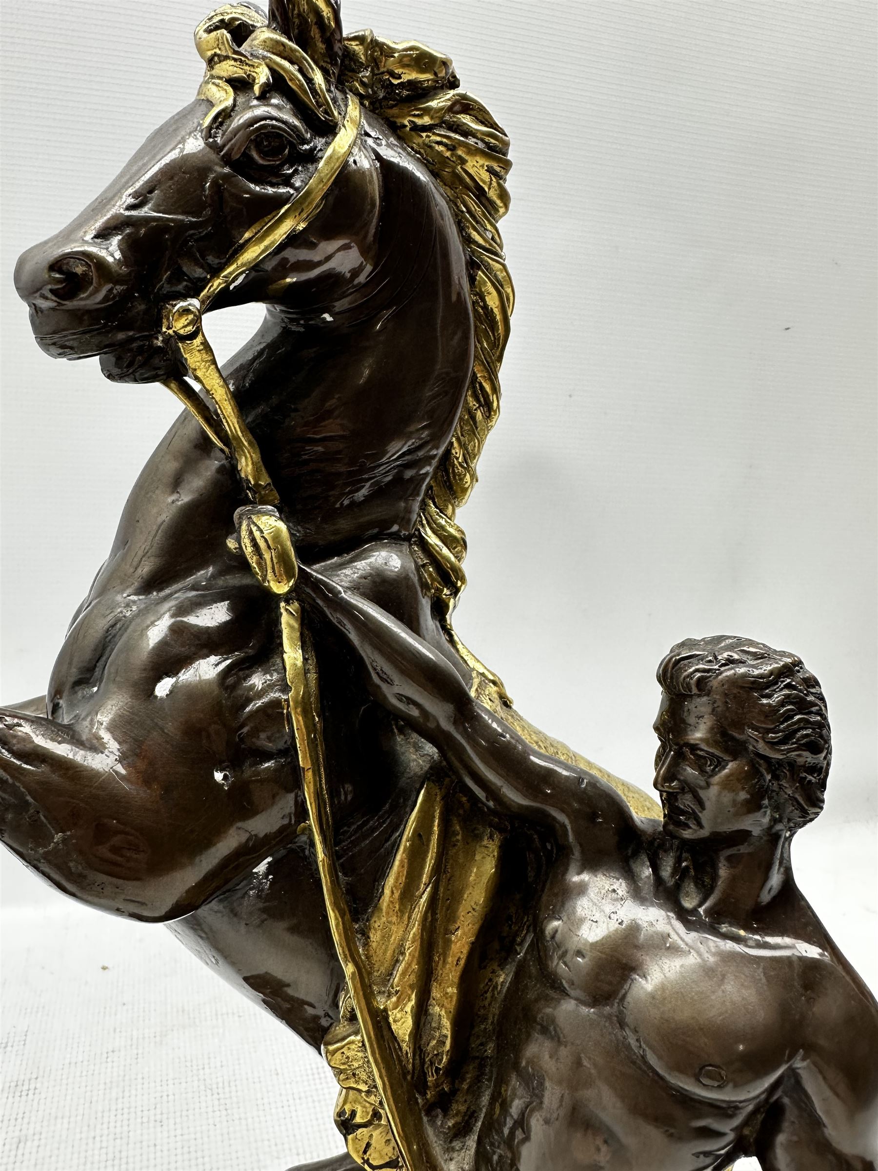 Contemporary bronzed metal Marley horse with gilt heightened decoration H40cm together with a matchi - Image 3 of 3