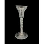 18th century cordial glass with pan topped round funnel bowl and double opaque twist stem H15cm