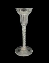 18th century cordial glass with pan topped round funnel bowl and double opaque twist stem H15cm