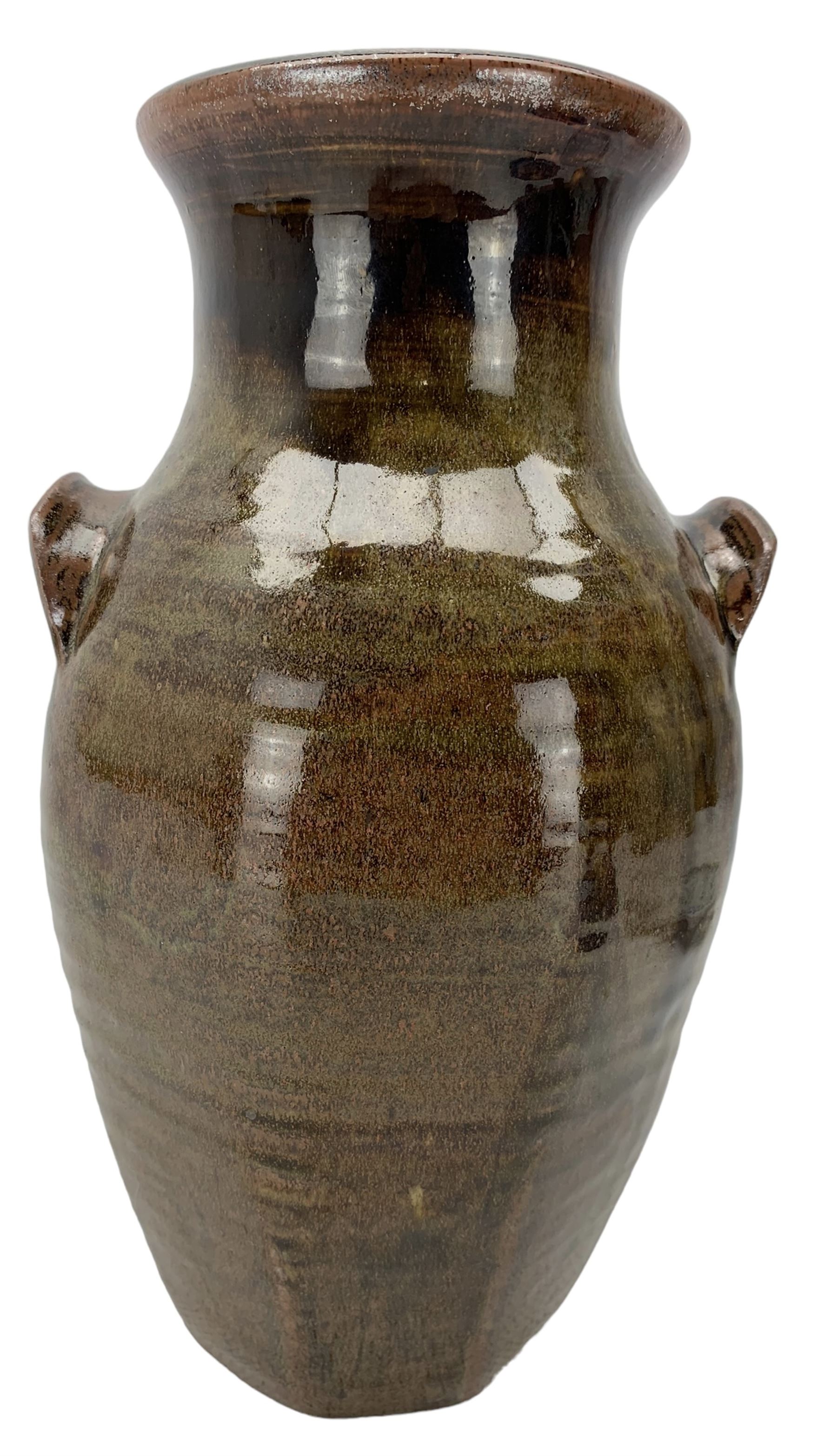 Rowlstone studio pottery vase by Michael Toovey of panel sided design with a brown glaze H30cm - Image 9 of 16