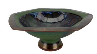 Jackie Walton - Studio pottery bowl of hexagonal design decorated in green and blue and on a pedest