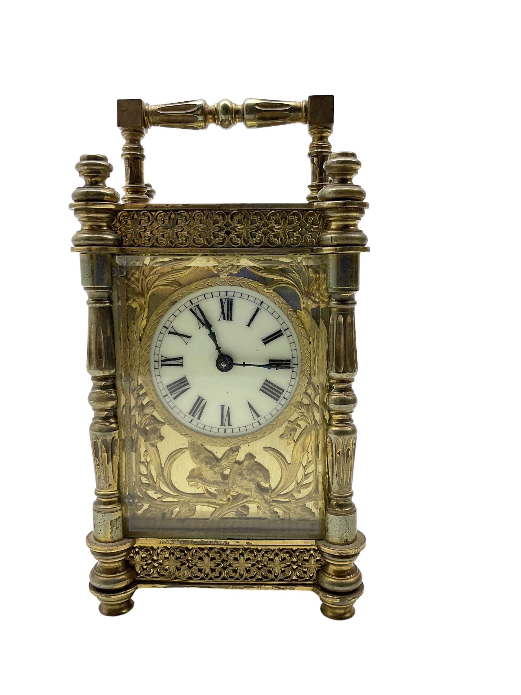 French - Edwardian timepiece 8-day carriage clock c1910 with a decorative case cast finished in high