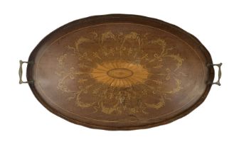 Edwardian mahogany and marquetry two handled tray