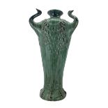 Large Art Nouveau style three handled green glazed vase