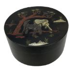 19th century Chinese circular lacquer box and cover with a raised pattern of hardstone horses