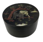 19th century Chinese circular lacquer box and cover with a raised pattern of hardstone horses