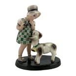 1930s Goldscheider pottery figure group modelled as a young girl wearing a green chequered dress loo
