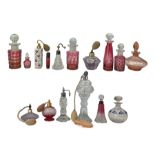 Collection of Victorian and later cut glass scent bottles and atomizers including cranberry glass ex