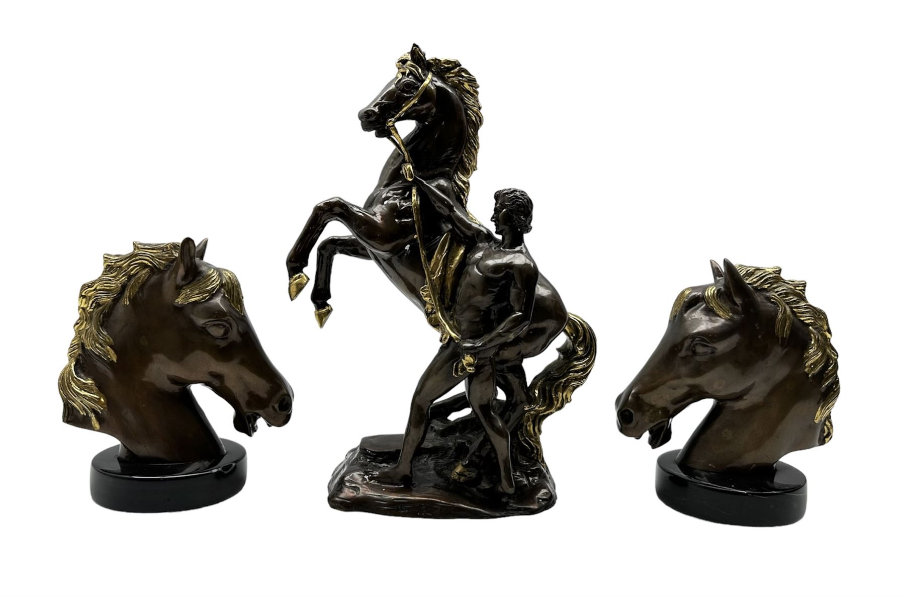 Contemporary bronzed metal Marley horse with gilt heightened decoration H40cm together with a matchi