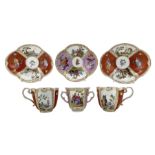 Pair of Meissen cabinet cups and saucers of lobed oval design decorated with coastal scenes