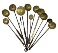 Collection of 19th century and later wrought iron and brass ladles and strainers etc
