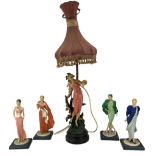 Four Vittorio Tessaro resin figures and a painted spelter table lamp