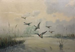 J Schaeffer (Continental 20th century): Mallards in Flight