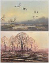 Howard Devonald (British 1944-): Geese in Flight over Marshland