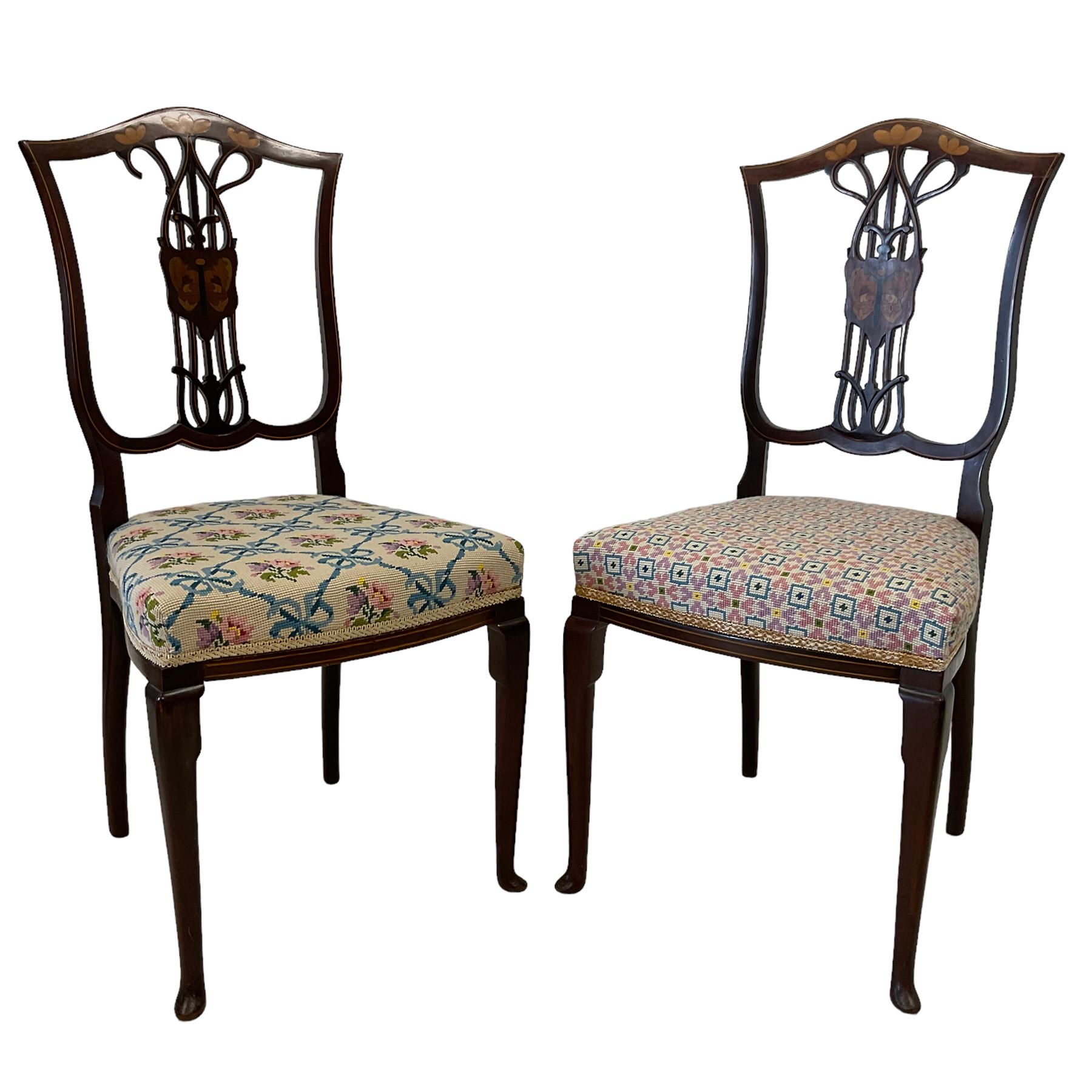 Pair late Victorian Art Nouveau period mahogany chairs