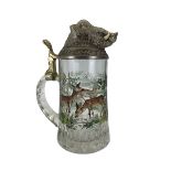 West German glass beer stein by BMF with boar cover