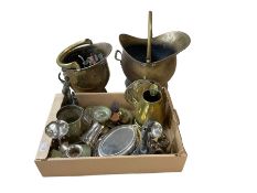 Two brass coal scuttles and a box of metalware