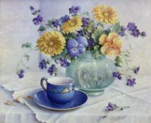 Trisha Hardwick (British 1949-2022): 'Summer Blue' Still Life of Flowers with Cup of Tea